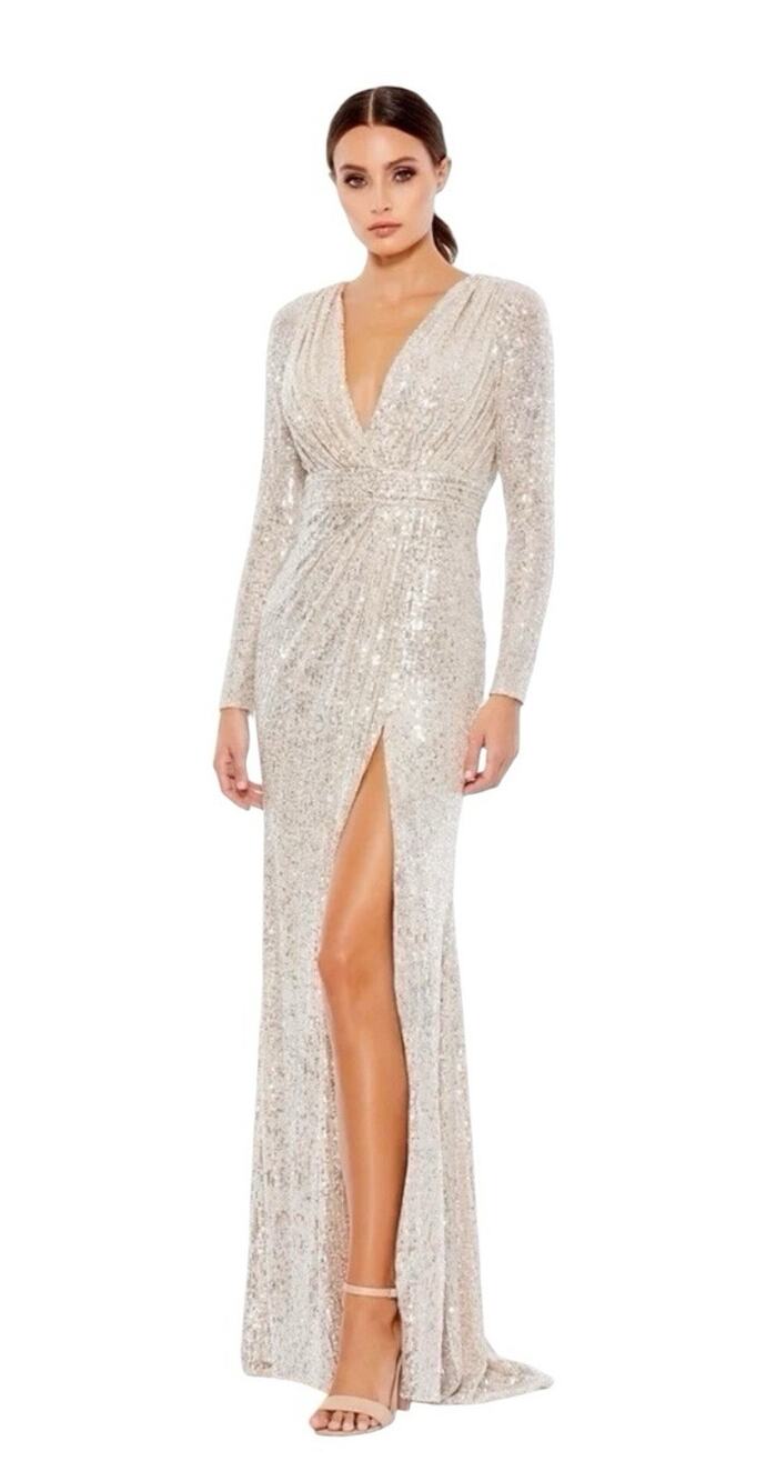 Mac Duggal 26490 Silver Sequin Long‎ Sleeve Gown Size 8 $398
